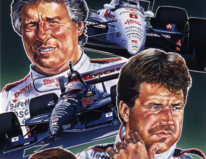 Mario Andretti with sons Michael and Jeff along with the Indy Cars they raced.